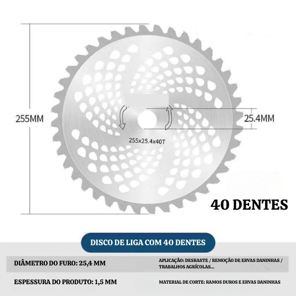 Lâmina para Corte de Relva com Dentes de Liga, Diâmetro do Eixo 25,4 mm, Tipo 40 Dentes (Inclui Acessórios)