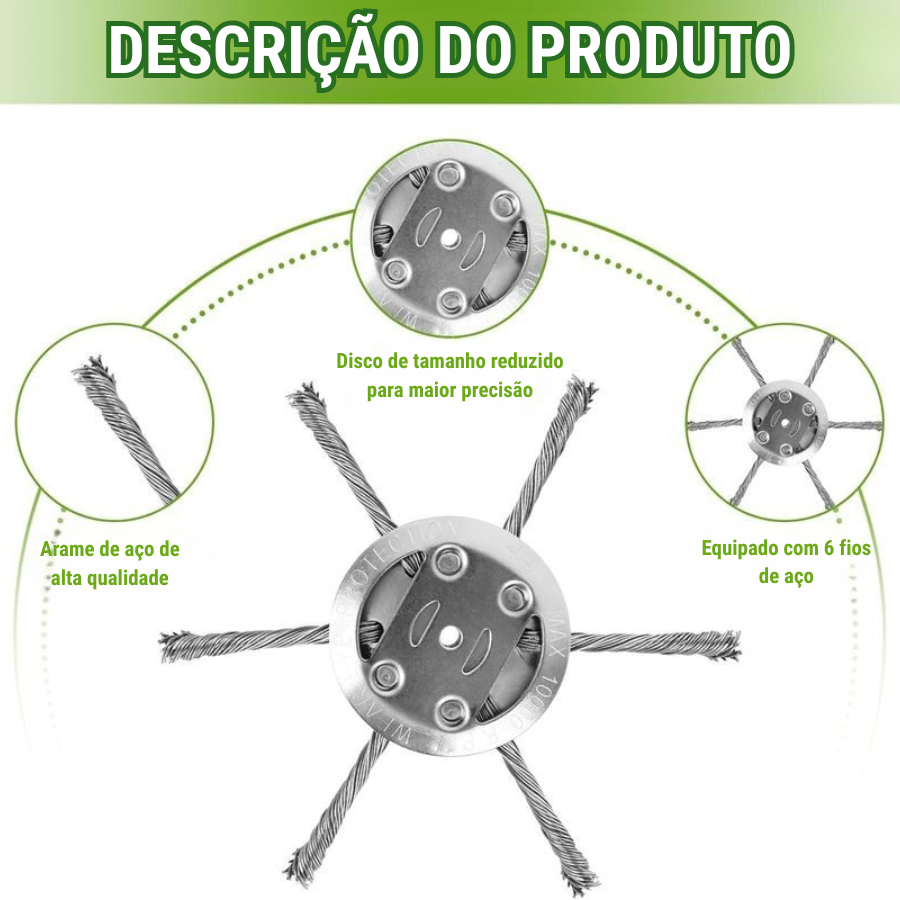 🇵🇹 A cabeça do cortador de relva possui 6 lâminas em aço inoxidável