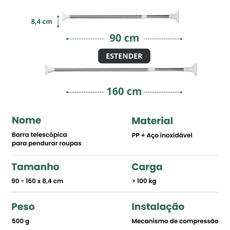 Barra telescópica ajustável e multifuncional sem perfuração, que se estende até 160 cm (NEW)