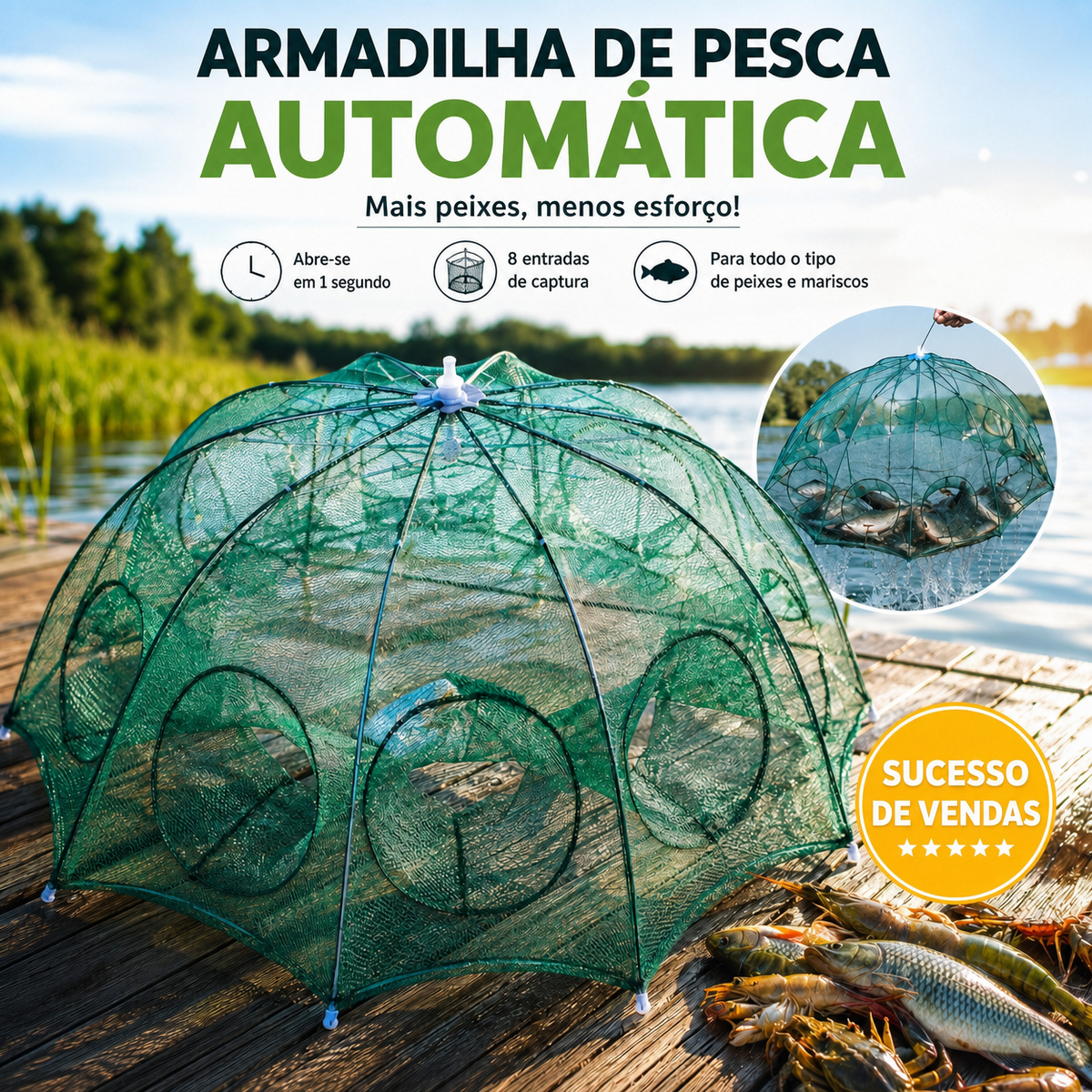 70% DE DESCONTO | Apanhar Peixes Sem Esforço - A Melhor Gaiola De Rede De Pesca!