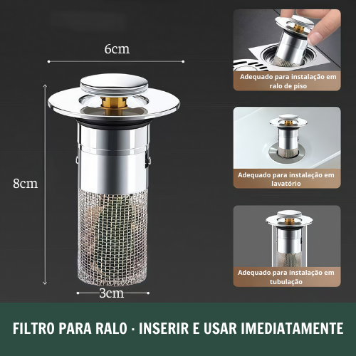 Filtro de drenagem para pia e lavatório – uso universal para banheiro, retém cabelos e resíduos, evita entupimentos no ralo