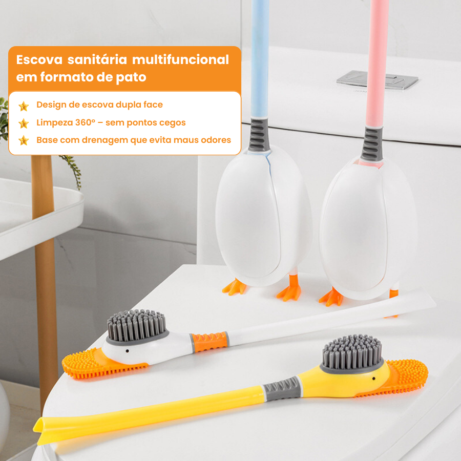 Conjunto de escova de banheiro com cabo longo em forma de pato, com suporte de parede sem necessidade de perfuração (LTT)