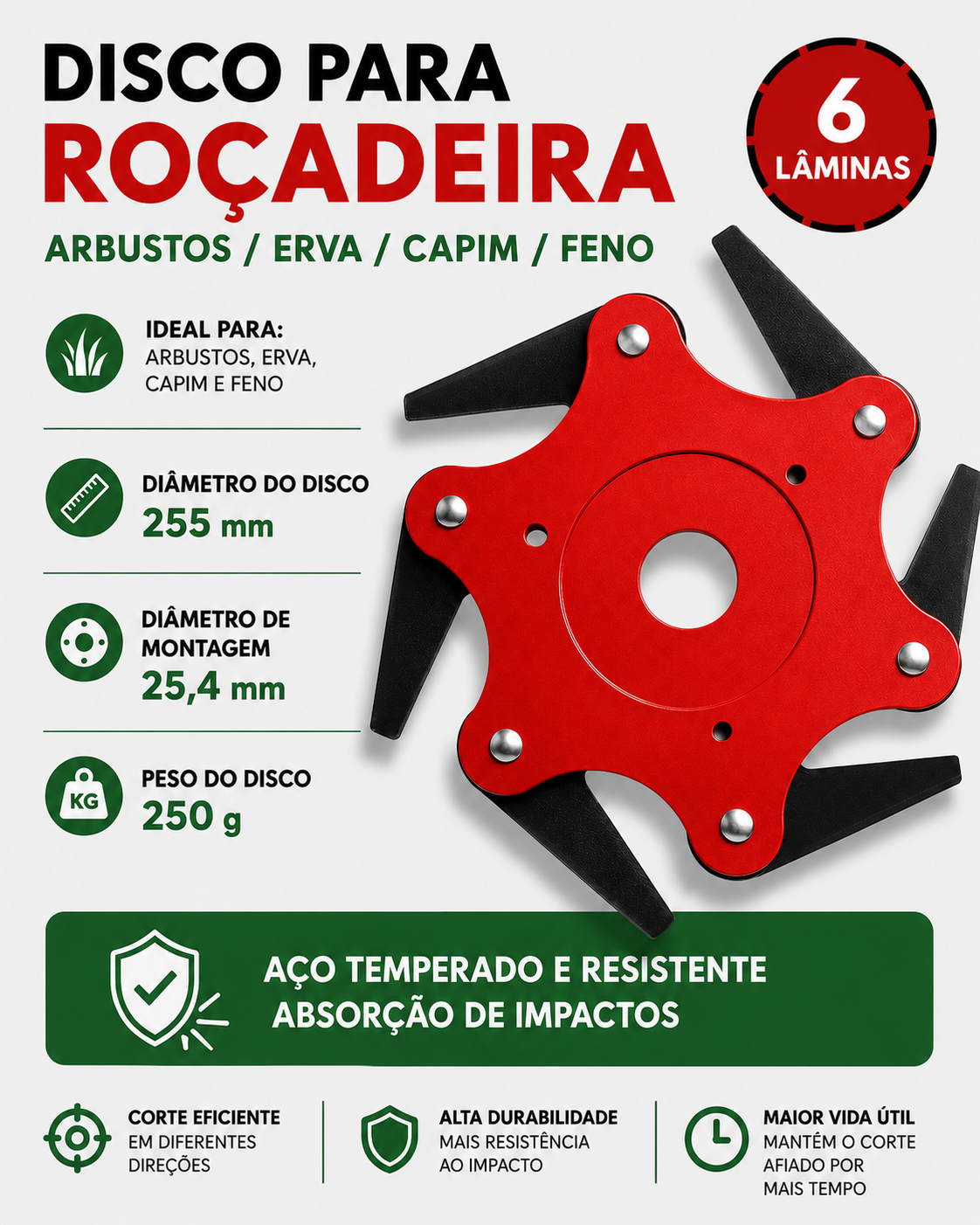70% DESCONTO | Lâmina de Relva com 6 Dentes em Aço (Acessórios Incluídos)