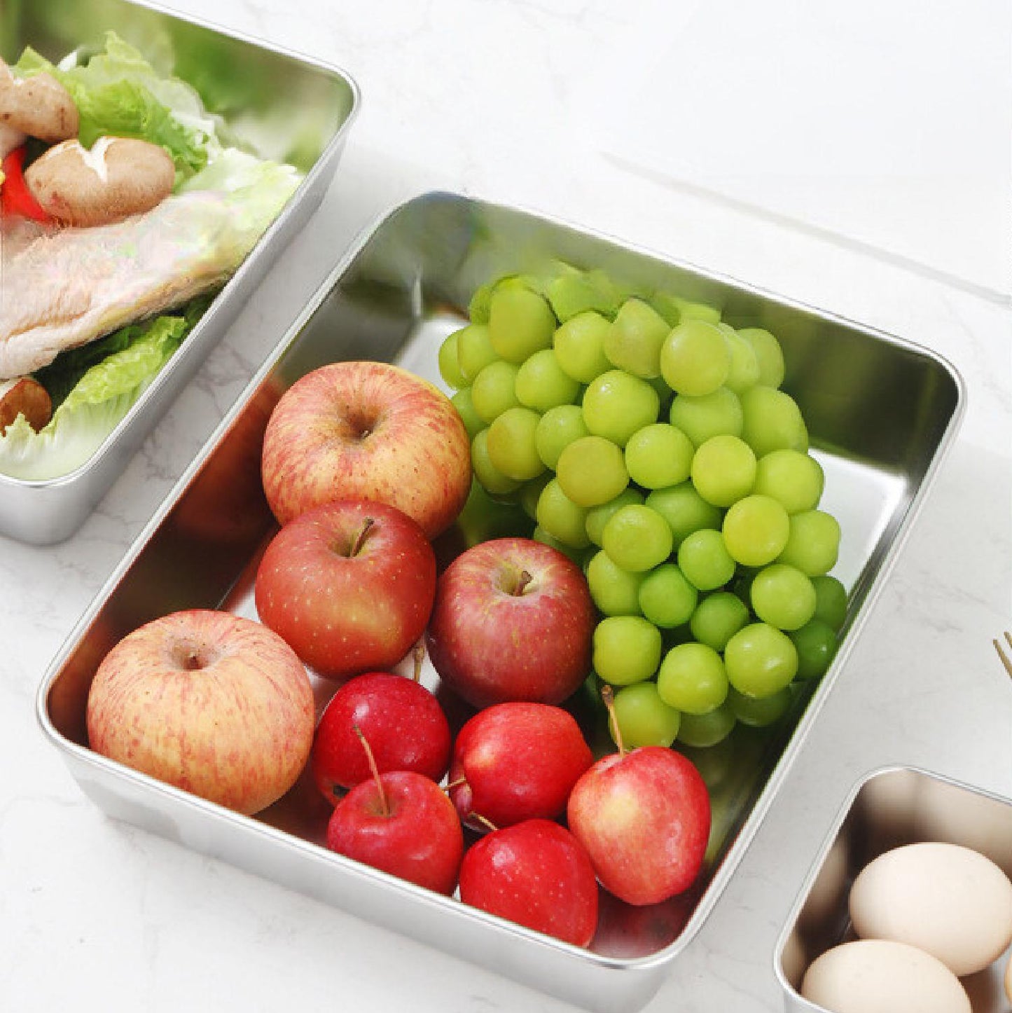 Conjunto de 2 caixas com tampa para tabuleiro de servir em aço inoxidável.